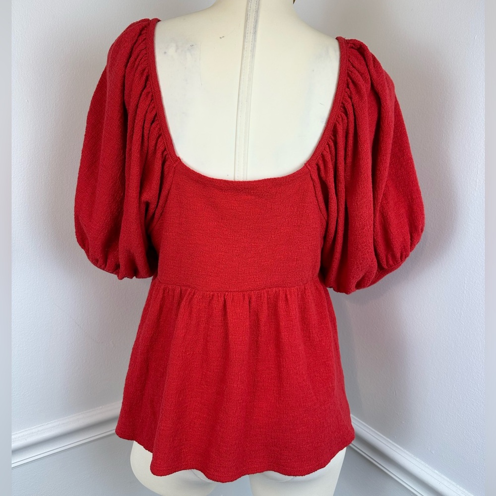 MADEWELL Red Square Neck Puffy Sleeve Babydoll Top | Size Medium - Picture 6 of 11